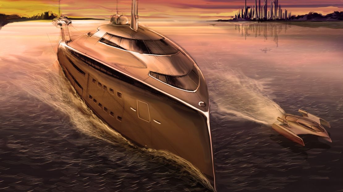 A rendering for the Cobra concept, a new superyacht design that's powered by re-purposed jet engines.