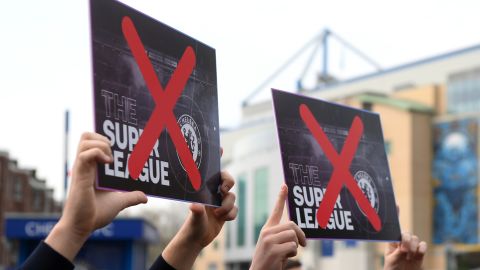 Chelsea fans protest against the proposed European Super League prior to the Premier League match between Chelsea and Brighton & Hove Albion at Stamford Bridge on April 20, 2021.