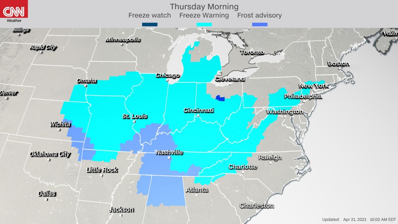 Current freeze and frost alerts issued by the National Weather Service