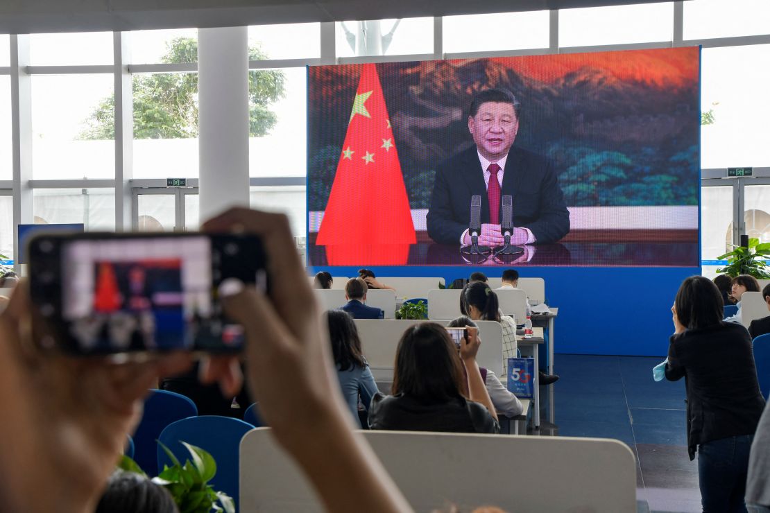 Chinese President Xi Jinping delivers a speech by video link during the Boao Forum for Asia in south China's Hainan province on April 20.