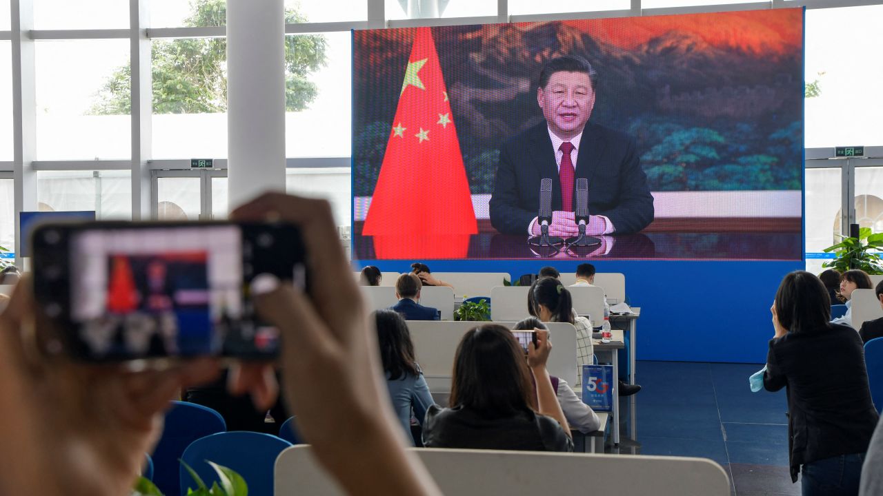 Chinese President Xi Jinping delivers a speech by video link during the Boao Forum for Asia in south China's Hainan province on April 20.