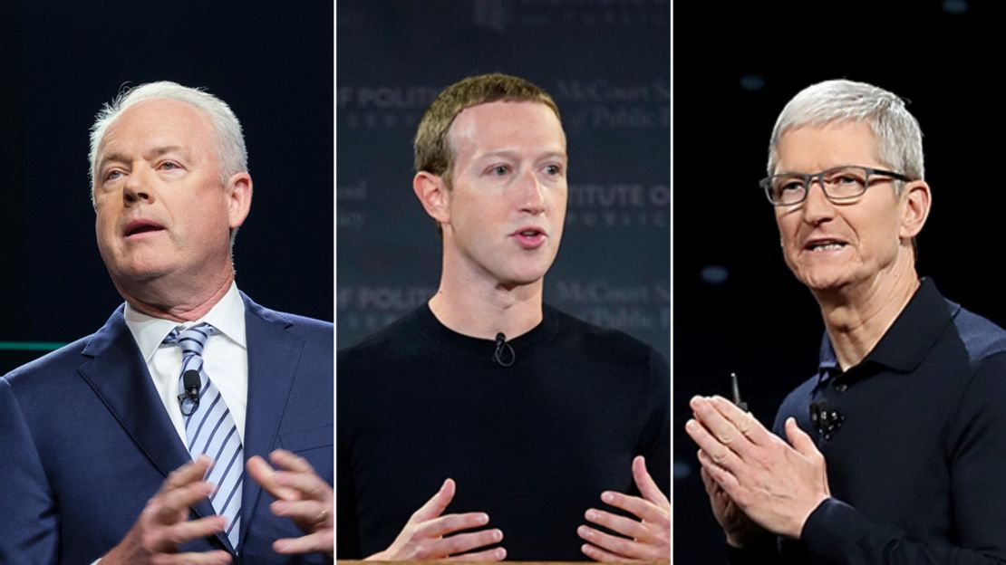 From left to right: Starbucks CEO Kevin Johnson, Facebook CEO Mark Zuckerberg and Apple CEO Tim Cook all issued statements on April 20, 2021 reacting to former Minneapolis Police officer Derek Chauvin being found guilty in the murder of George Floyd.