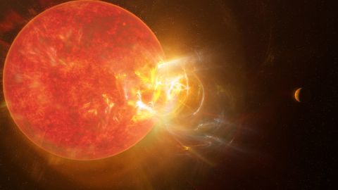 This is an artist's illustration of the violent stellar flare from Proxima Centauri.