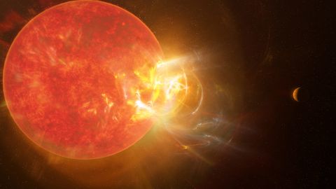This is an artist's illustration of the violent stellar flare from Proxima Centauri.