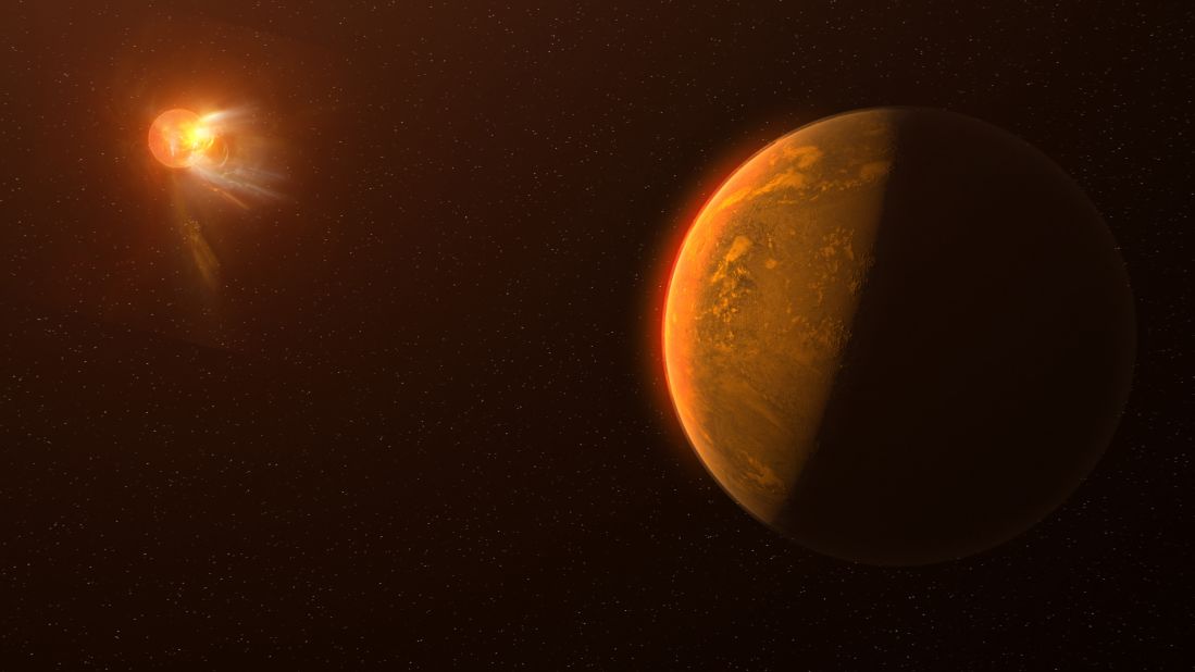 This artist's conception depicts a violent flare erupting on the star Proxima Centauri as seen from the viewpoint of a planet orbiting the star called Proxima Centauri b. 