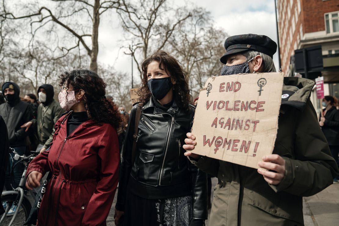 The organizers of the "Women Will Not Be Silenced" group (from left, Alia Butt, Helen O'Connor and Steph Pike) march at one of London's "Kill the Bill" protests.