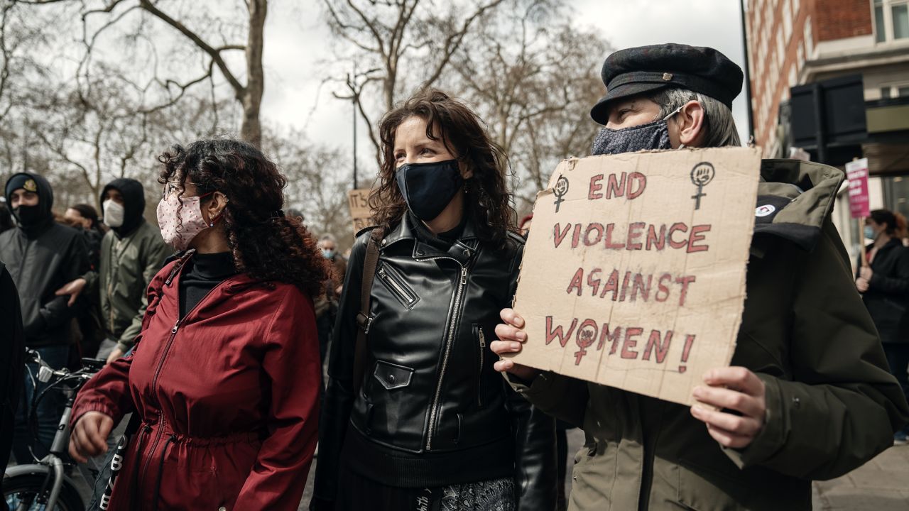 The organizers of the "Women Will Not Be Silenced" group (from left, Alia Butt, Helen O'Connor and Steph Pike) march at one of London's "Kill the Bill" protests.