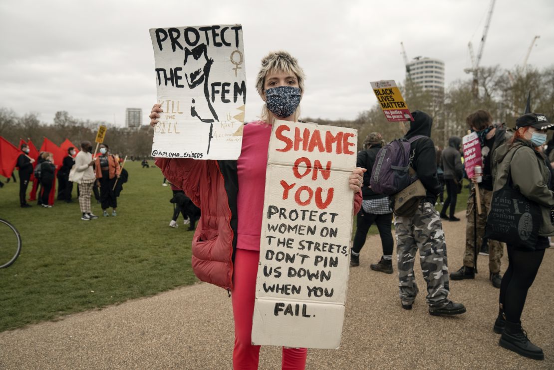 Protester Daphne Burt told CNN she chose the pinkest outfit she could find to march for women's safety.