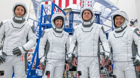 From left are mission specialist Thomas Pesquet of the European Space Agency, pilot Megan McArthur and commander Shane Kimbrough of NASA, and mission specialist Akihiko Hoshide of the Japan Aerospace Exploration Agency. 