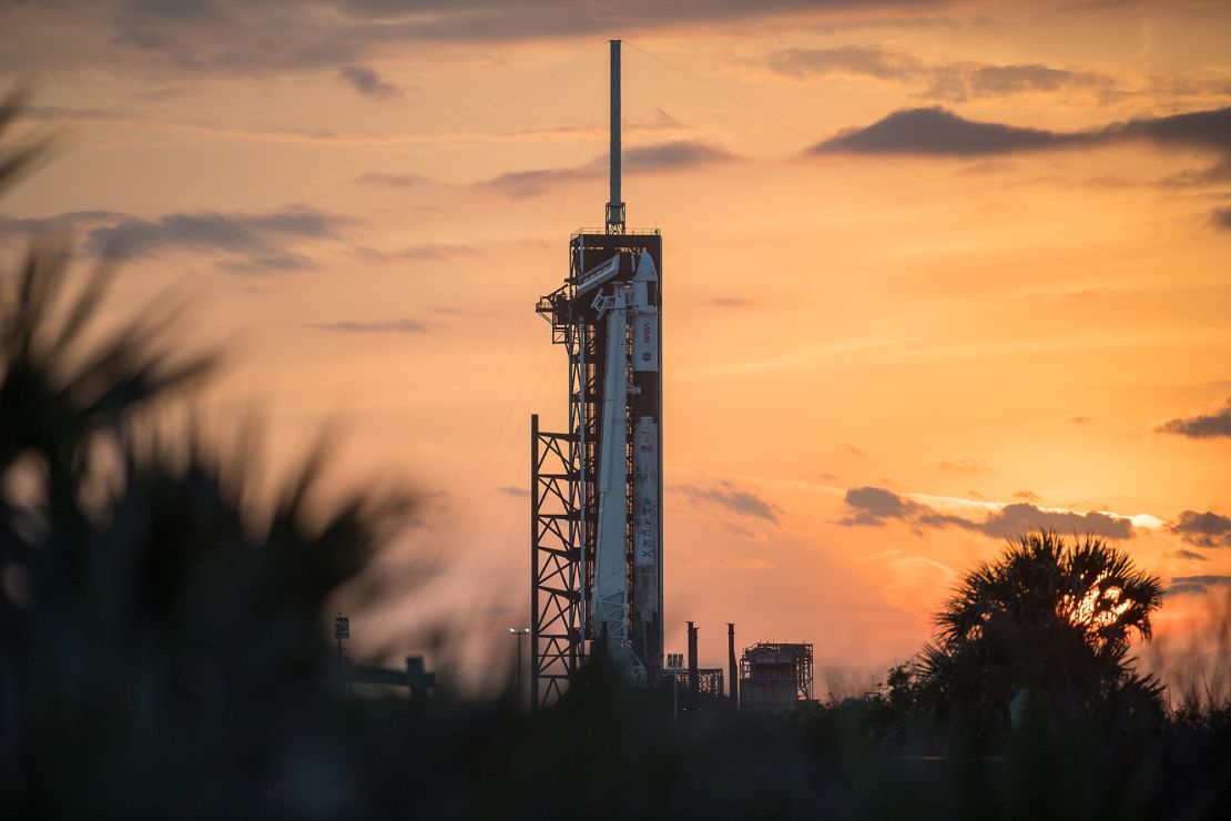 A SpaceX Falcon 9 rocket with the company's Crew Dragon spacecraft onboard is seen on the launch pad at Launch Complex 39A as preparations continue for the Crew-2 mission, Tuesday, April 20, 2021, at NASA's Kennedy Space Center in Florida. 