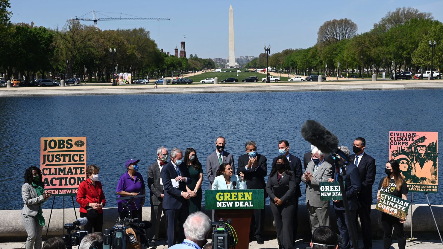 Rep. Alexandria Ocasio-Cortez speaks during a press conference to reintroduce the Green New Deal in front of the US Capitol in Washington, DC, on April 20, 2021. 