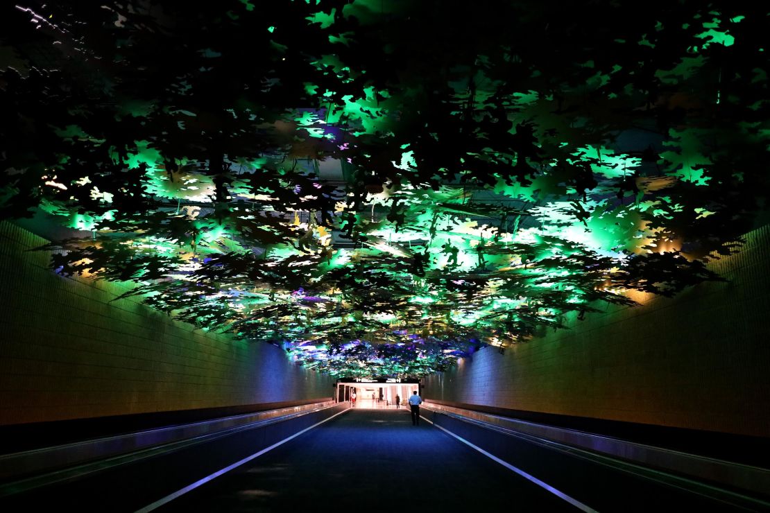 Passengers walk between terminals at Hartsfield-Jackson Atlanta International Airport on April 20, 2020, in Atlanta, Georgia.