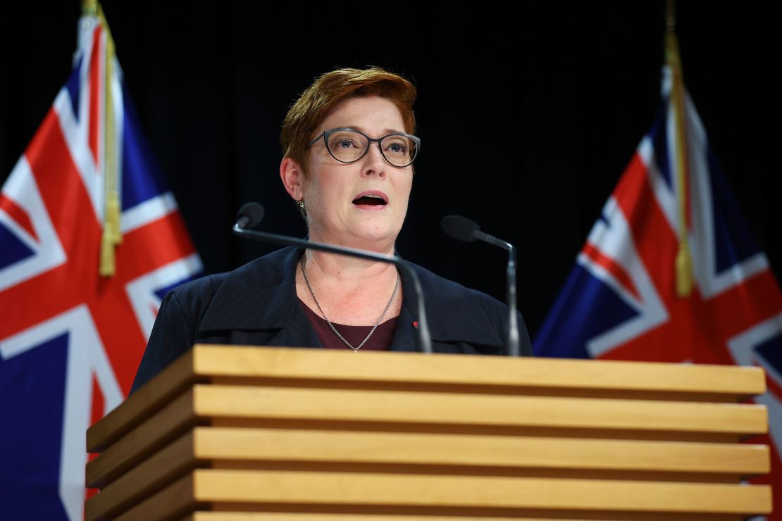 Australian Foreign Minister Marise Payne talks to media during a press conference at Parliament on April 22 in Wellington, New Zealand.