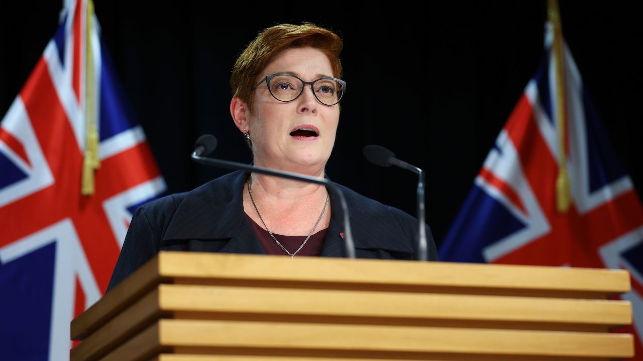 WELLINGTON, NEW ZEALAND - APRIL 22: Australian Foreign Minister Marise Payne talks to media during a press conference at Parliament on April 22, 2021 in Wellington, New Zealand. Australian Minister for Foreign Affairs Marise Payne is on a two-day visit to New Zealand for formal foreign policy discussions with New Zealand Minister of Foreign Affairs Nanaia Mahuta.  It is the first face-to-face Foreign Ministers' consulations since the COVID-19 pandemic began.  (Photo by Hagen Hopkins/Getty Images)