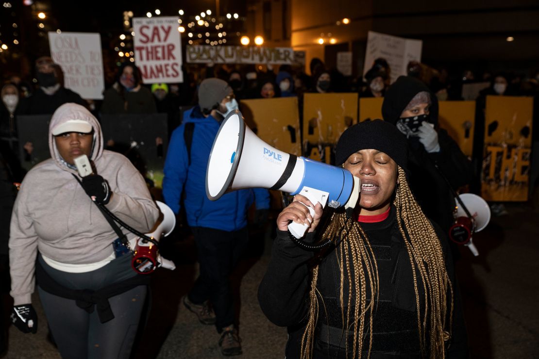 Black Lives Matter protesters march through downtown Columbus, Ohio, in response to the police shooting of Ma'Khia Bryant on Tuesday.