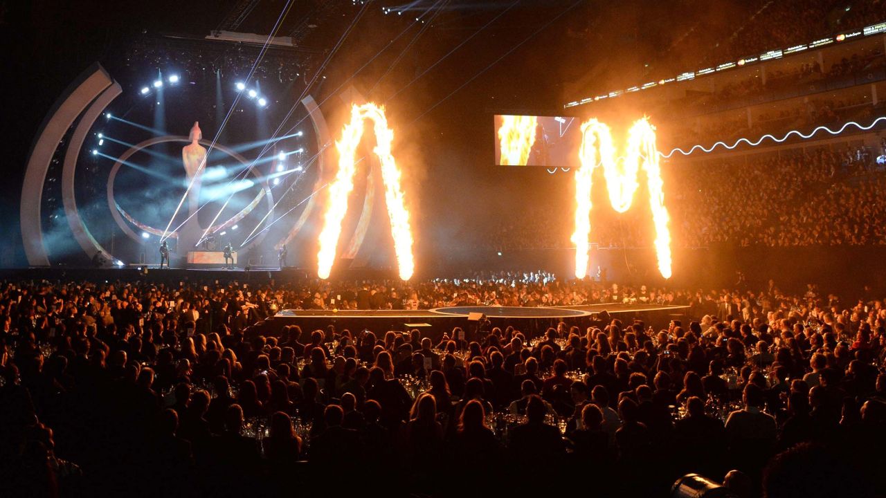 The Brit Awards take place at the O2 in 2014, in front of a full audience.