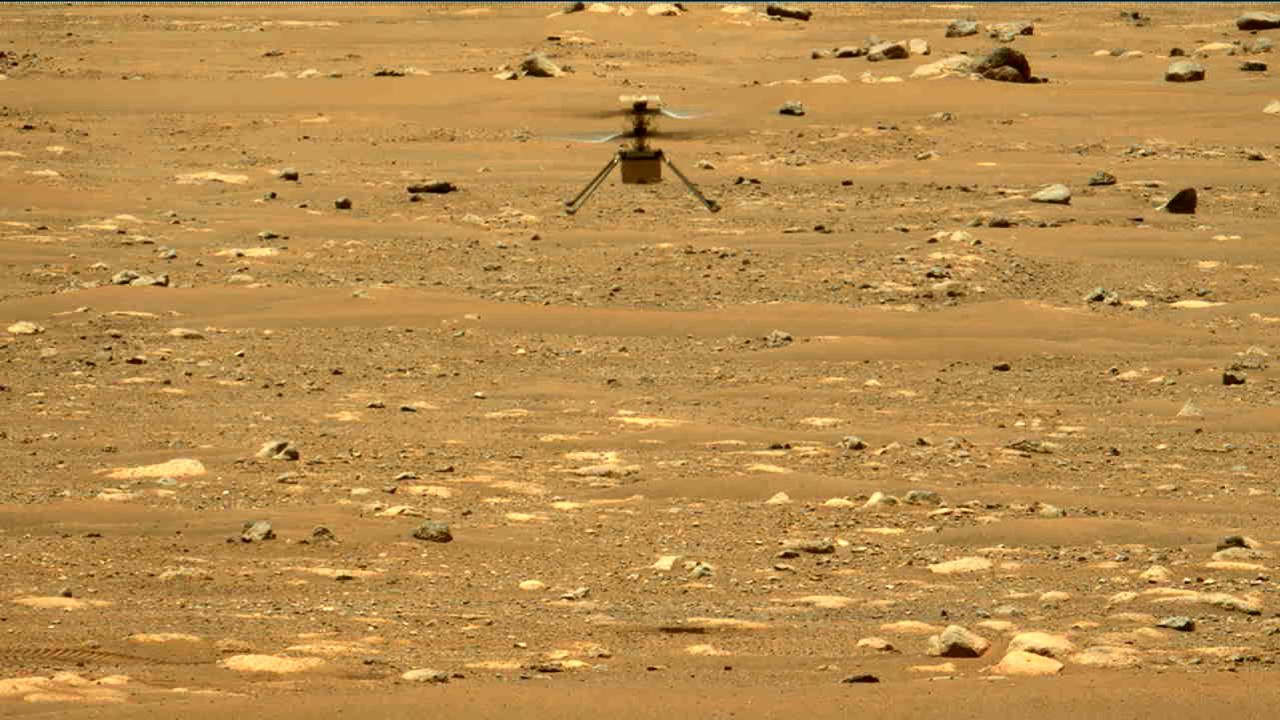 The Perseverance rover captured this image of Ingenuity in flight using its left Mastcam-Z camera.