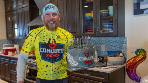 Lawrence celebrated his 45th birthday on the same day as completing 38 successive triathlons.