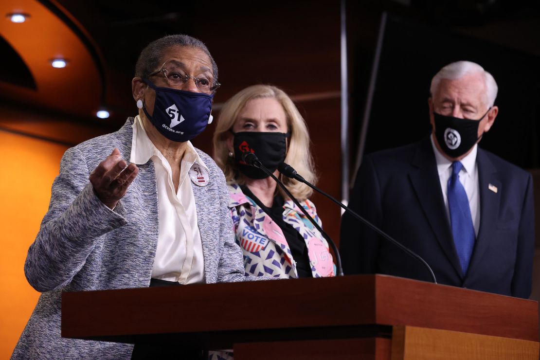 Del. Eleanor Holmes Norton speaks during a news conference about statehood for the District of Columbia with Rep. Carolyn Maloney and House Majority Leader Steny Hoyer at the U.S. Capitol on Thursday in Washington, DC. 