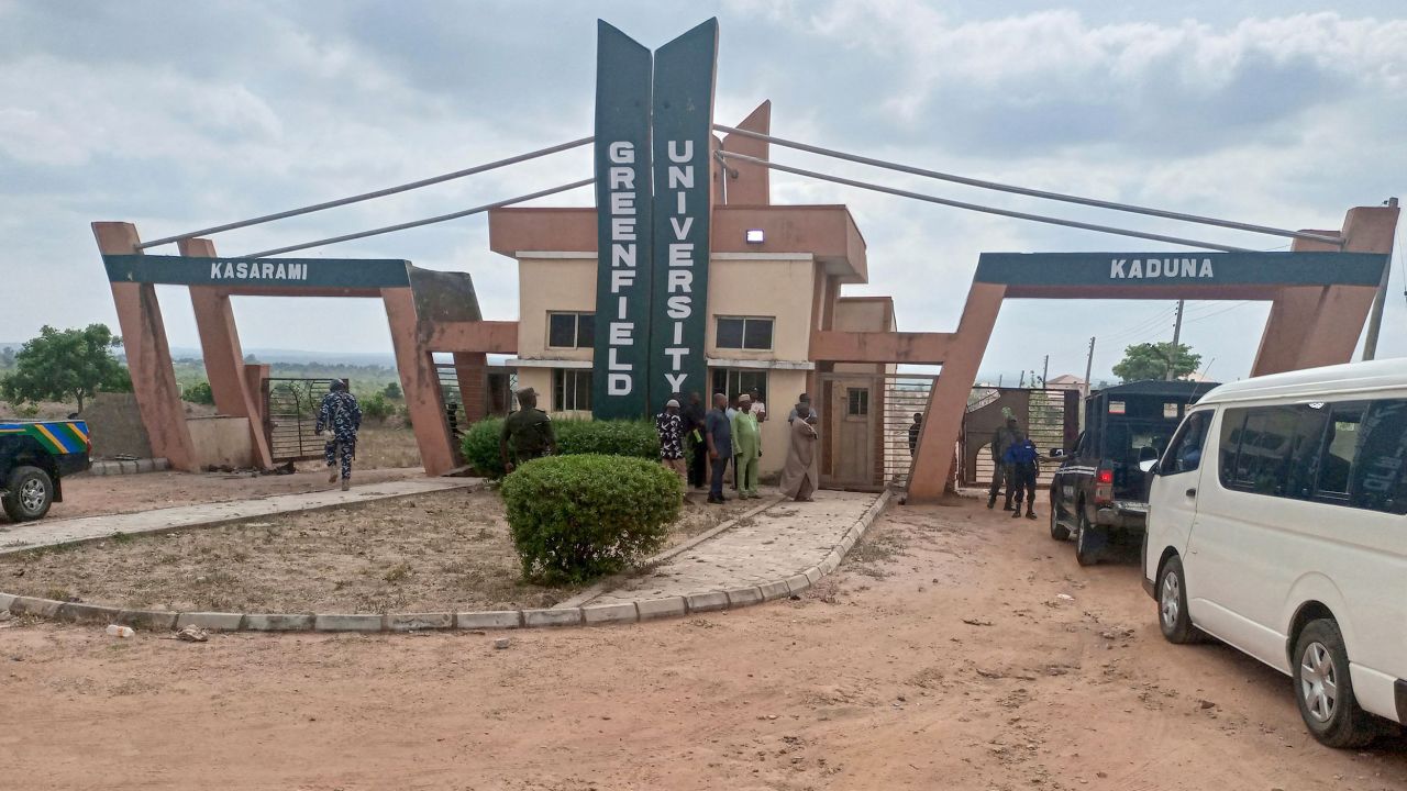 A general view of the gate of the Greenfield University in Kaduna, Nigeria, on April 21, 2021. (Photo by NASU BORI / AFP)
