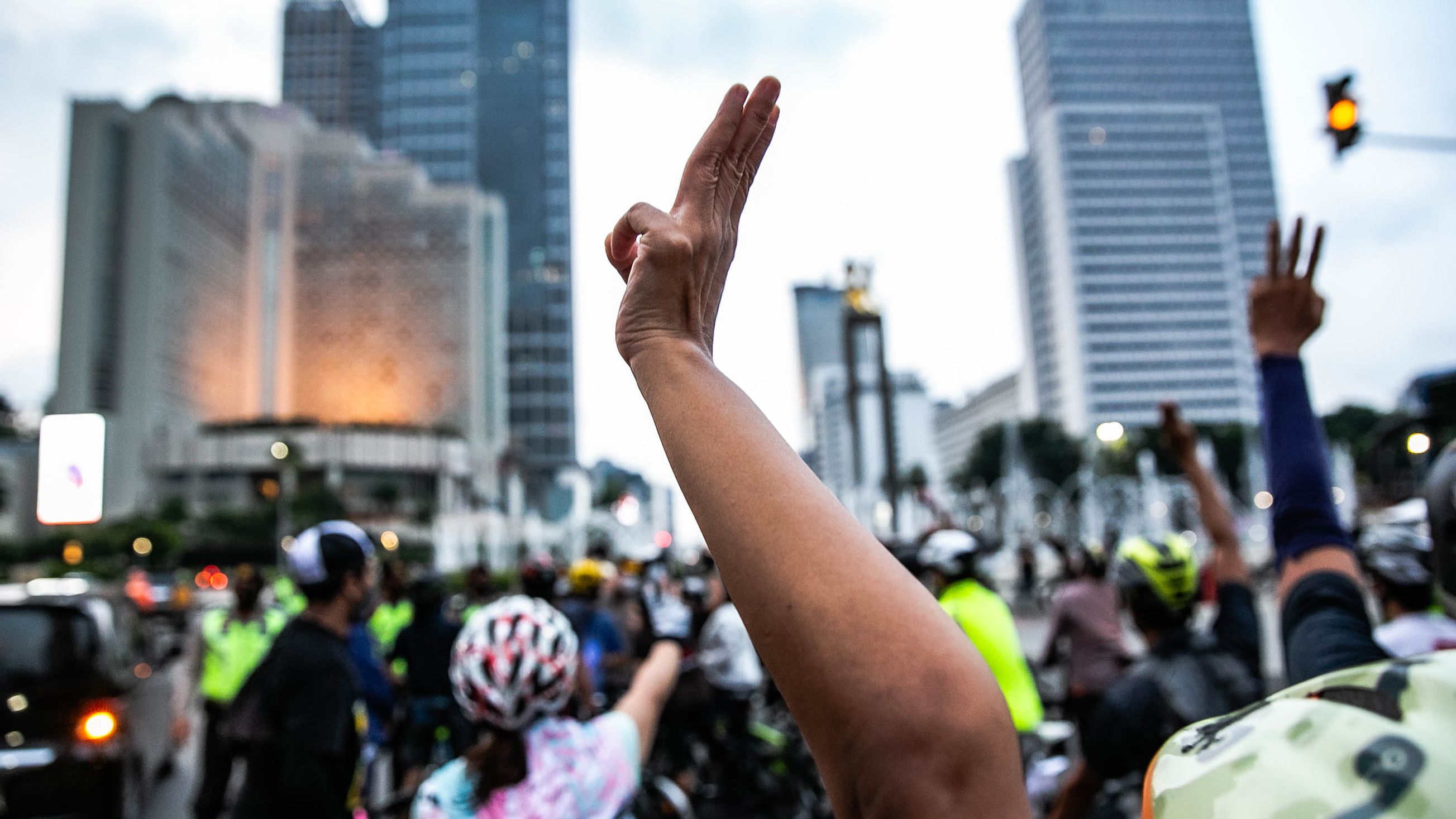 Indonesian bikers during a protest against the Myanmar military coup outside ASEAN secretariat building in Jakarta, Indonesia, on April 17.
