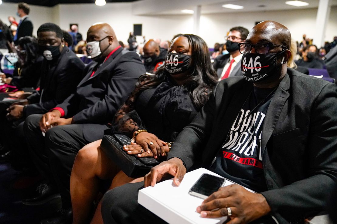 Member of George Floyd's family, from right, Philonise Floyd, Keeta Floyd, Rodney Floyd and Brandon Williams, attend the funeral services of Daunte Wright.