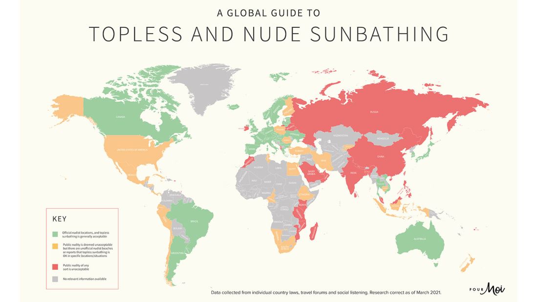 <strong>Topless and Nude Sunbathing:</strong> UK swimwear brand Pour Moi has created this new map after researching where topless and nude sunbathing is allowed around the world. 