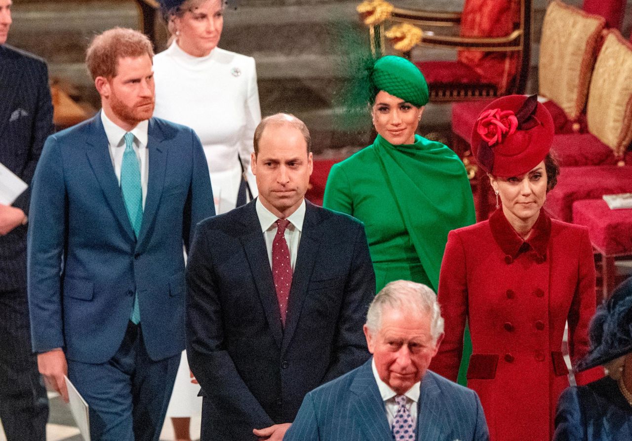 Prince Harry and his wife Meghan, Duchess of Sussex, follow William and Catherine after attending the annual Commonwealth Service in London in March 2020.