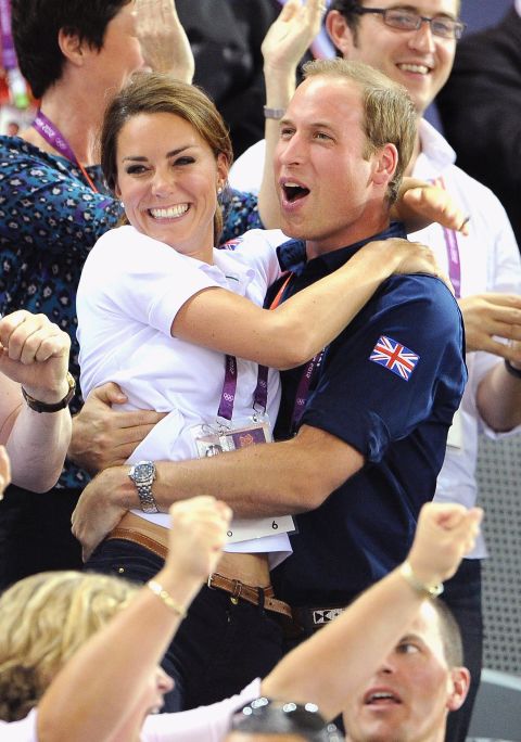 Catherine and William celebrate during cycling events at the Olympic Games in London in August 2012.