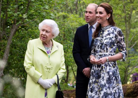 Kate shows Queen Elizabeth and Will around the "Back to Nature Garden" that Kate helped designed during their visit to the Chelsea Flower Show in London, on May 20, 2019.