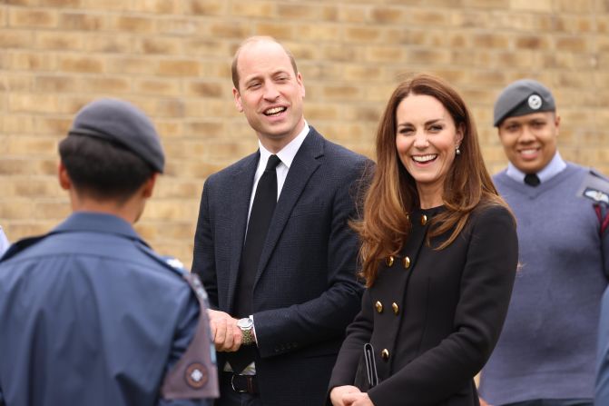 William and Catherine visit an air squadron in London in April 2021. During the visit, the squadron paid tribute to William's late grandfather, <a href="index.php?page=&url=http%3A%2F%2Fwww.cnn.com%2F2021%2F04%2F09%2Fworld%2Fgallery%2Fprince-philip%2Findex.html" target="_blank">Prince Philip</a>, who served as Air Commodore-in-Chief of the Air Training Corps for 63 years.