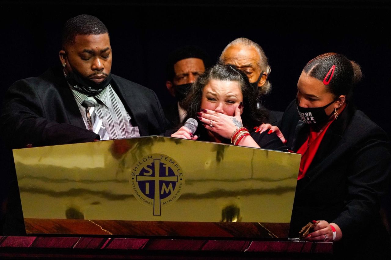 Katie and Aubrey Wright, parents of Daunte Wright, cry as they speak during <a href="https://www.cnn.com/2021/04/22/us/daunte-wright-funeral/index.html" target="_blank">Daunte's funeral services</a> on April 22, in Minneapolis, Minnesota. Daunte was fatally shot by a police officer on April 11 during a traffic stop. 