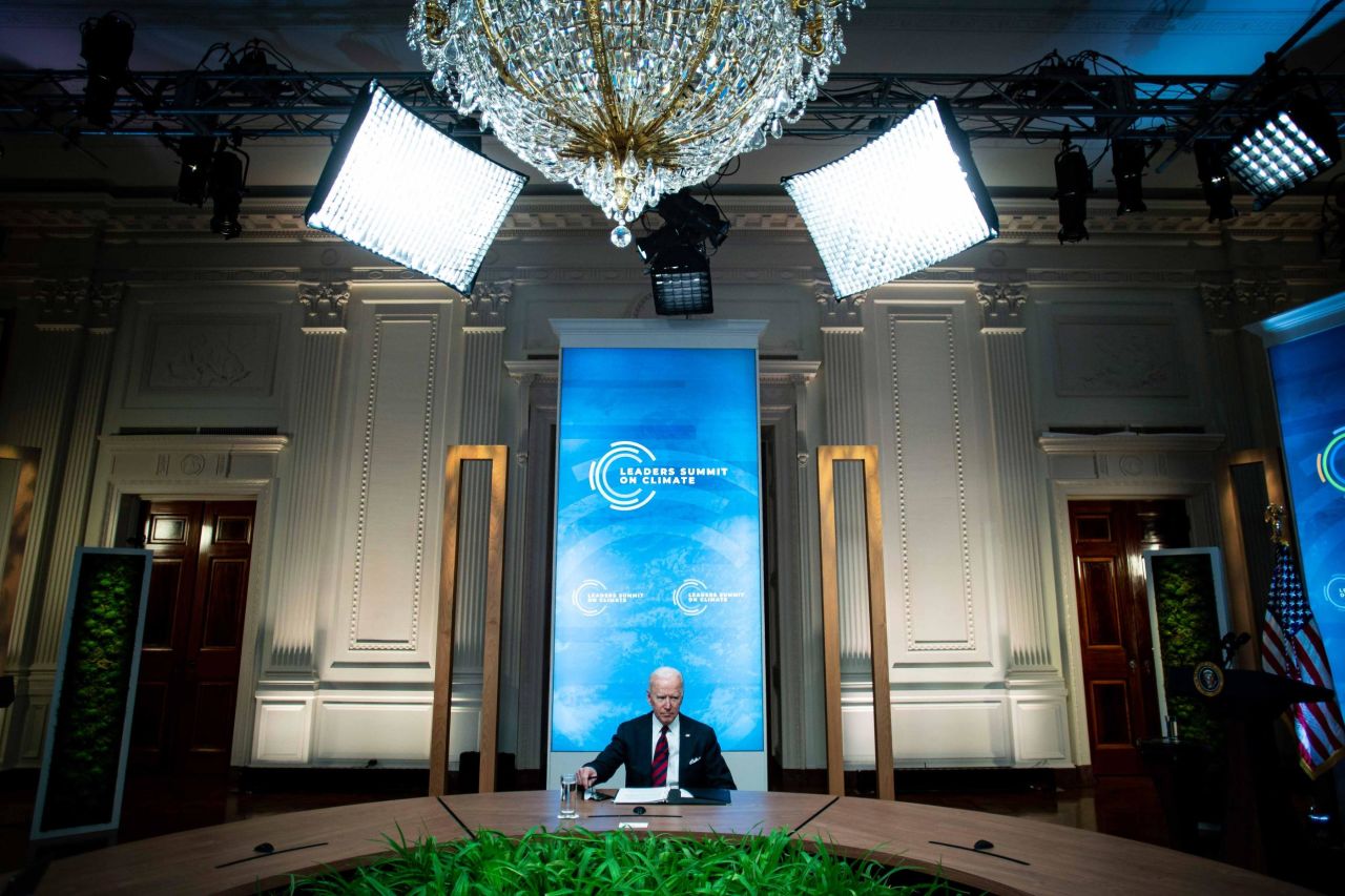 President Joe Biden listens during a virtual Leaders Summit on Climate at the White House in Washington, DC, on April 22. <a href="https://www.cnn.com/2021/04/22/politics/white-house-climate-summit/index.html" target="_blank">Biden committed to cutting</a> US greenhouse gas emissions by 50-52% by 2030.