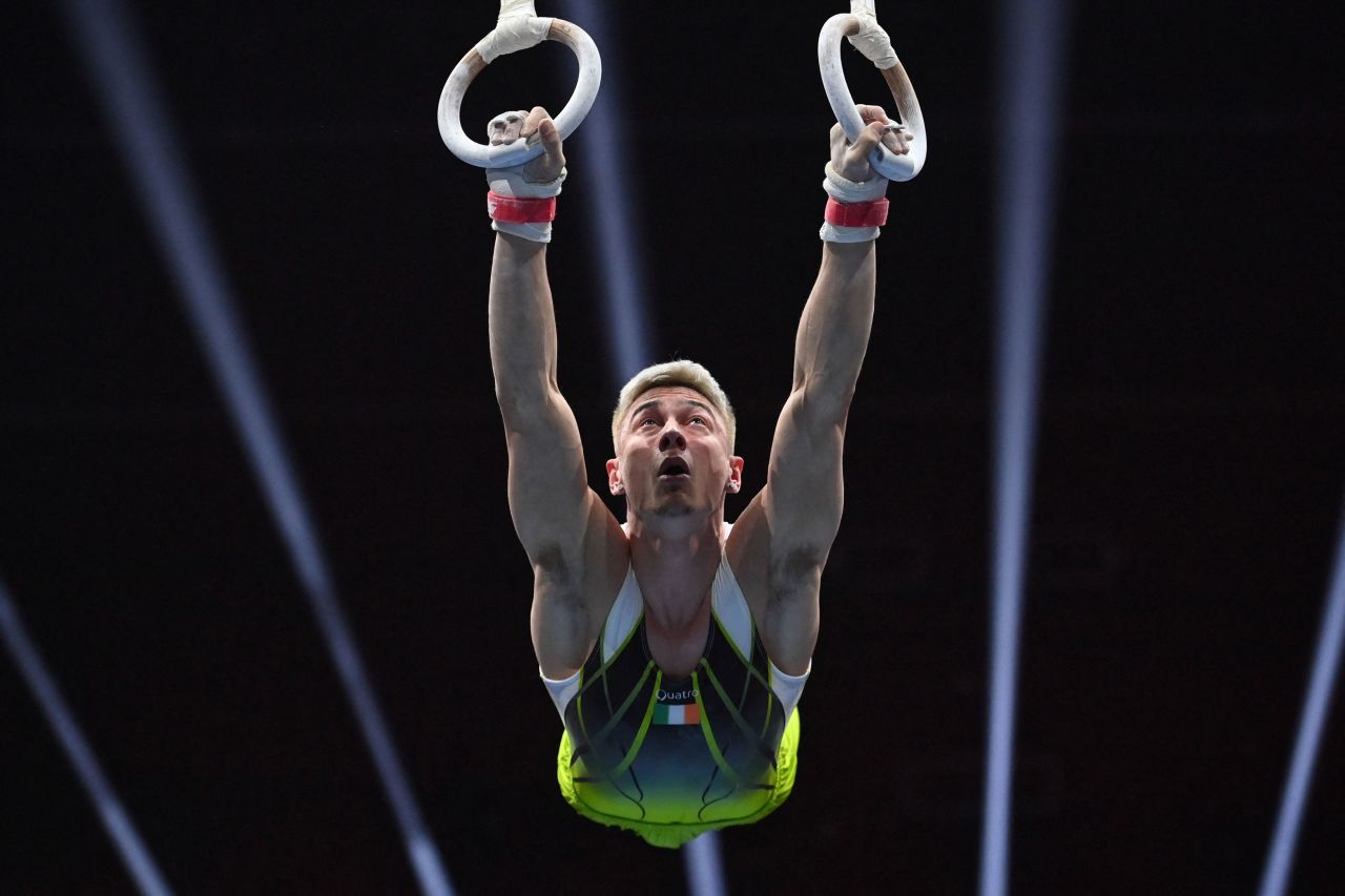 Ireland's Adam Steele competes in the men's rings qualifications during the European Artistic Gymnastics Championships in Basel, Switzerland, on April 22. 