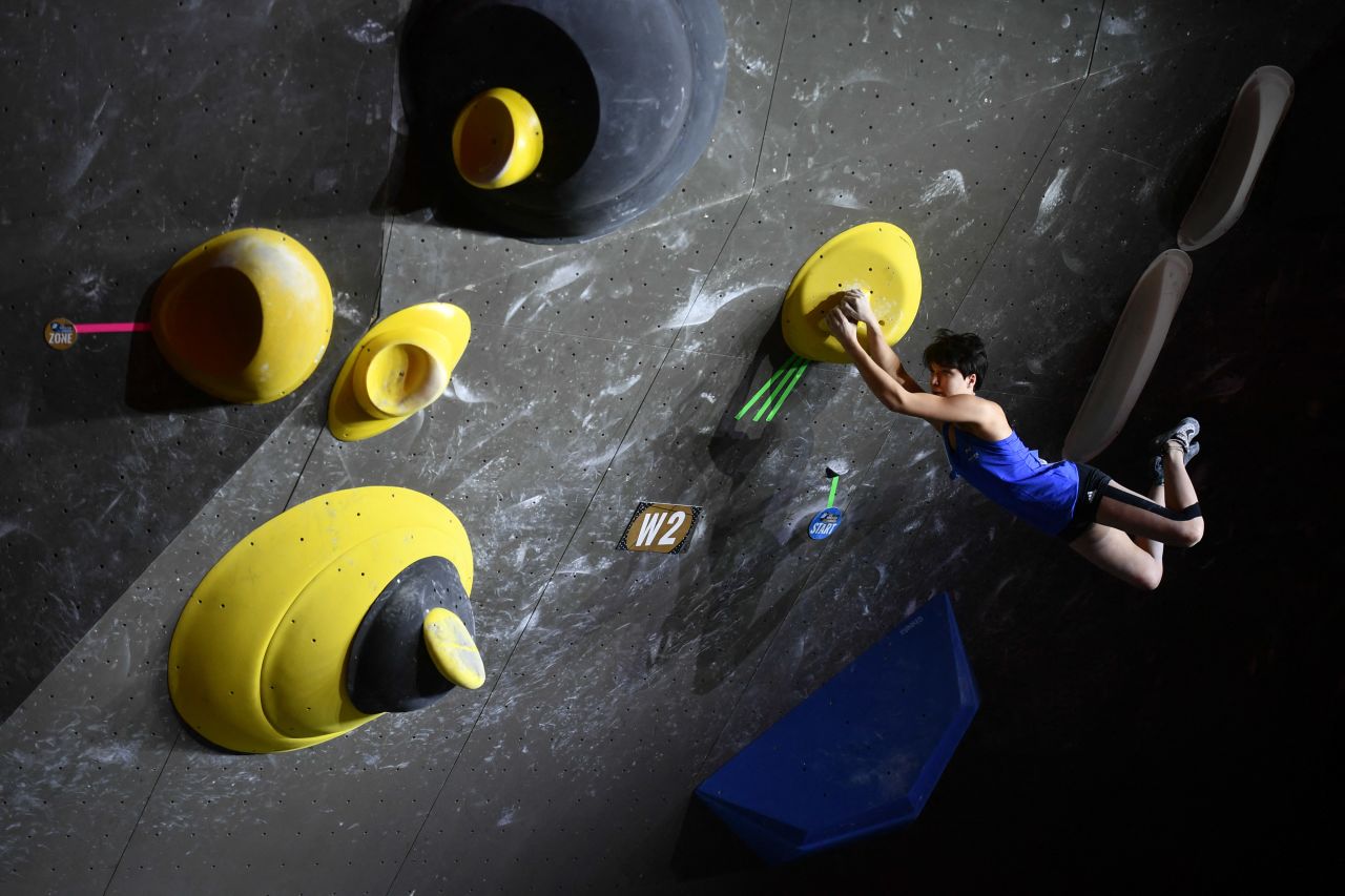France's Oriane Bertone competes in the women's final of the International Federation of Sport Climbing World Cup bouldering event in Meiringen, Switzerland, on Saturday, April 17.