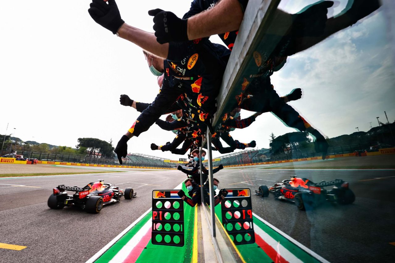 The team of race winner Max Verstappen celebrates on the pitwall during the F1 Grand Prix of Emilia Romagna in Imola, Italy, on Sunday, April 18.