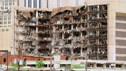 The north side of the Albert P. Murrah Federal Building in Oklahoma City after the devastation caused by a fuel-and fertilizer truck bomb detonated early April 19, 1995.