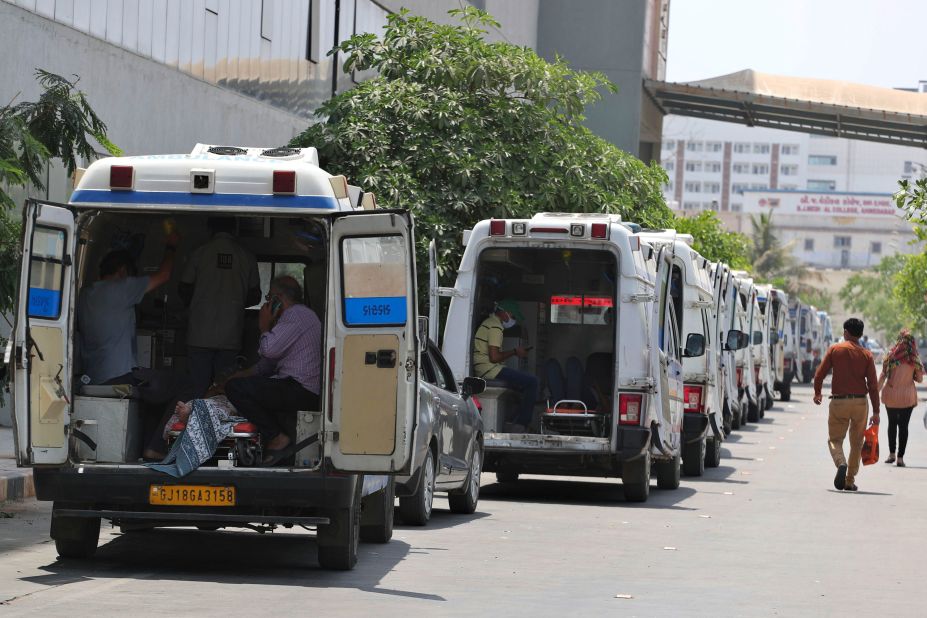 Ambulances carrying Covid-19 patients line up outside a government hospital in Ahmedabad on April 22.