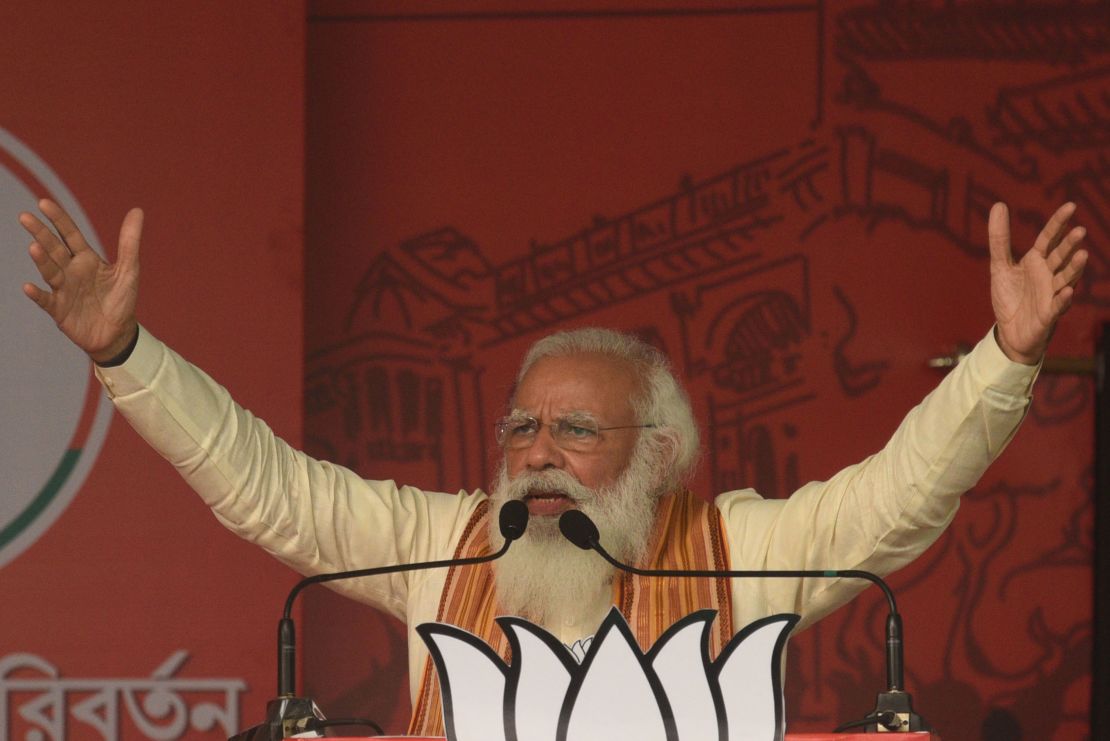 India's Prime Minister Narendra Modi at a rally in Barasat, West Bengal, on April 12.