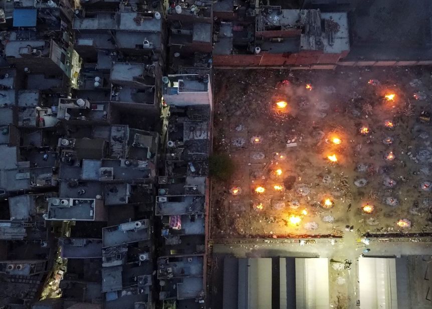 This aerial photo, taken with a drone, shows a mass cremation in New Delhi on April 22.