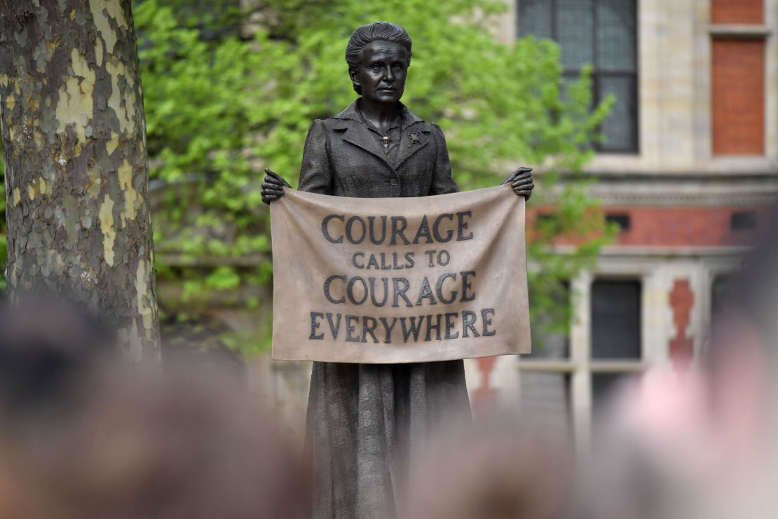 The statue of women's rights campaigner Millicent Fawcett is unveiled in April 2018. It is the only statue of a woman, among 11 men, in London's Parliament Square.