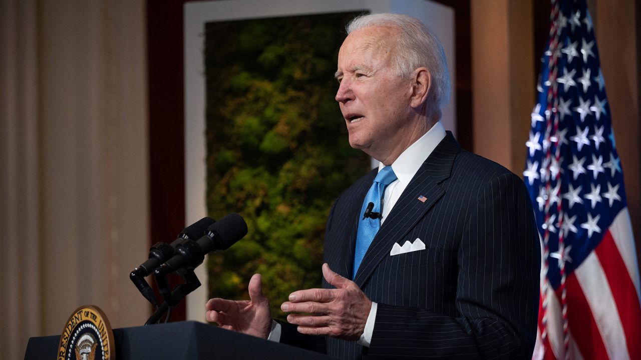 US President Joe Biden delivers remarks and participates in the virtual Leaders Summit on Climate Session 5: The Economic Opportunities of Climate Action from the White House in Washington, DC, on April 23, 2021. (Photo by JIM WATSON / AFP) (Photo by JIM WATSON/AFP via Getty Images)
