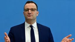German Health Minister Jens Spahn gestures as he addresses a press conference to inform on the current situation of the coronavirus (Covid-19) pandemic in Berlin, Germany, Friday, April 23, 2021 in Berlin. (Tobias Schwarz/AP via Pool)