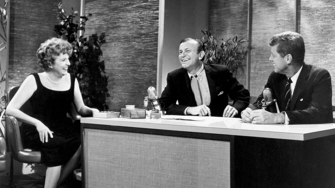 Actress Peggy Cass, host Jack Paar and Sen. John F. Kennedy during an episode of Paar's "Tonight" show in 1960.