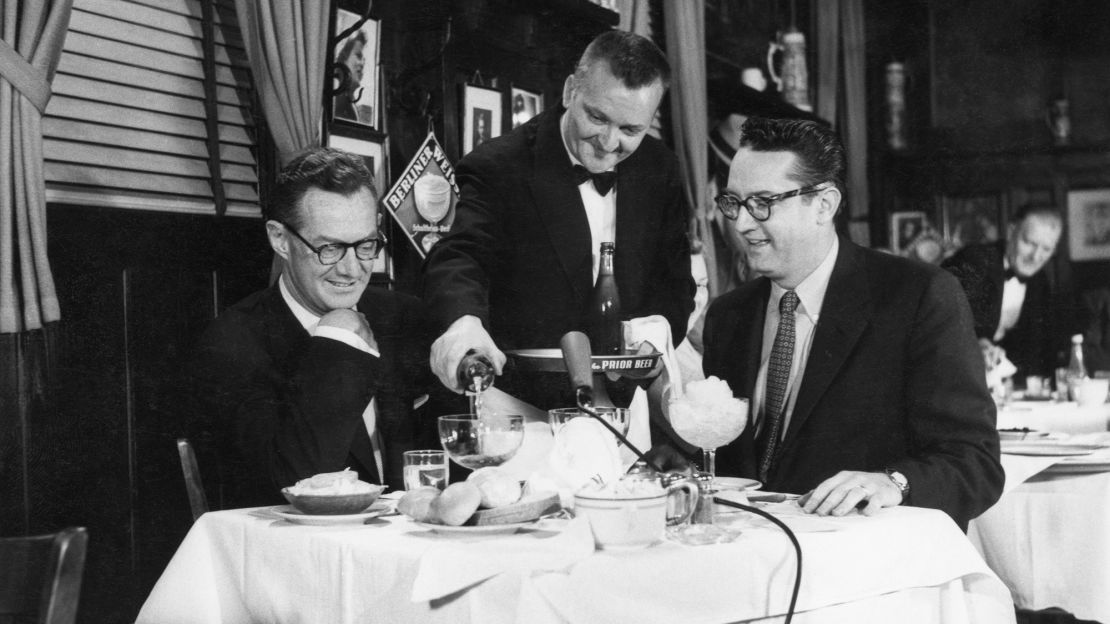 Sylvester 'Pat' Weaver (left) and host Steve Allen broadcast from the Blue Ribbon Restaurant.