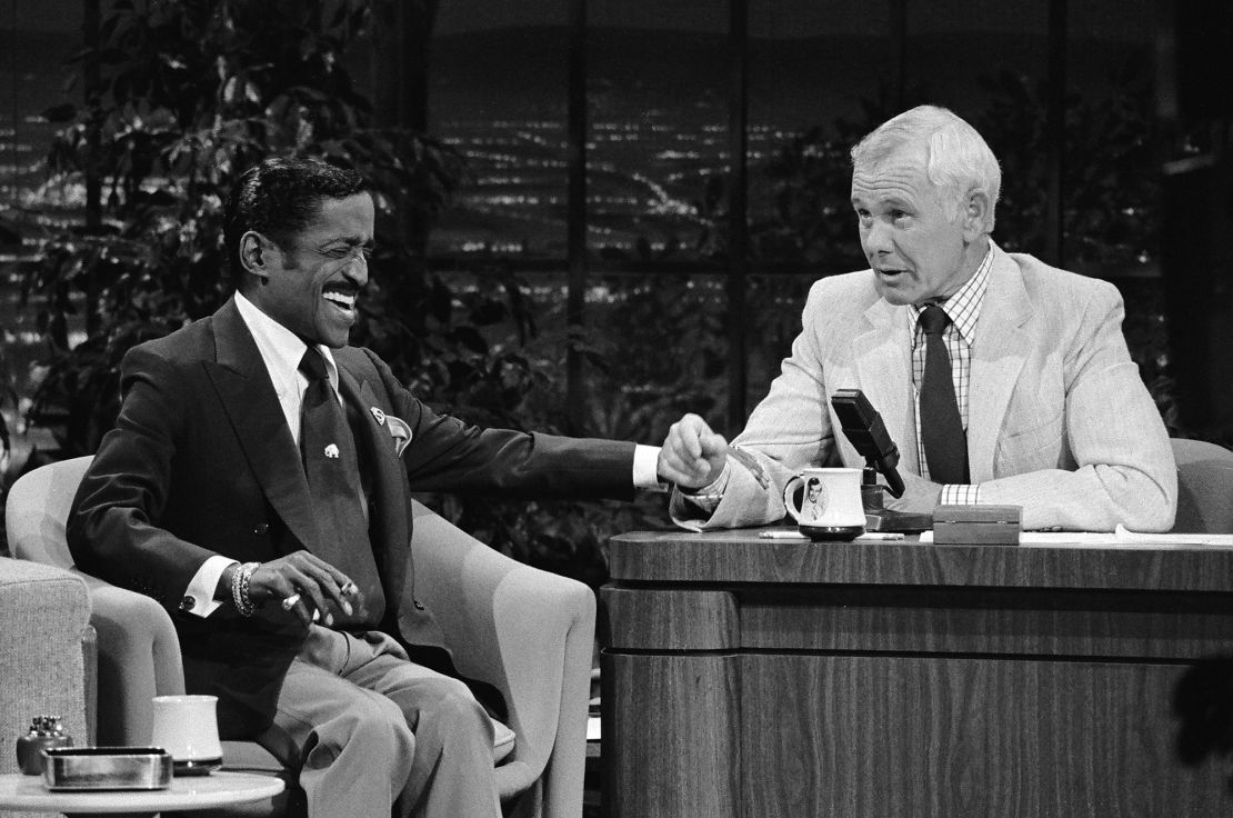 Musical guest Sammy Davis Jr. during an interview with Johnny Carson on February 15, 1984.