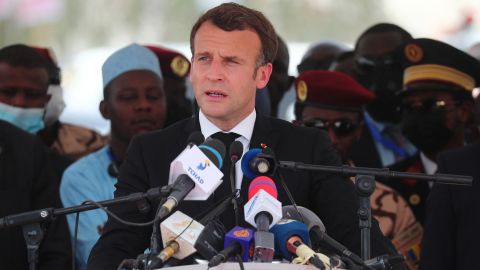 French President Emmanuel Macron delivers a speech during the state funeral for late Chadian President Idriss Deby in N'Djamena on April 23, 2021.