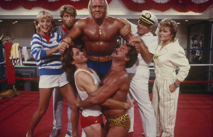 Jenner, lower left, appears in a 1986 episode of "Love Boat" featuring Hulk Hogan and Tim Rossovich.
