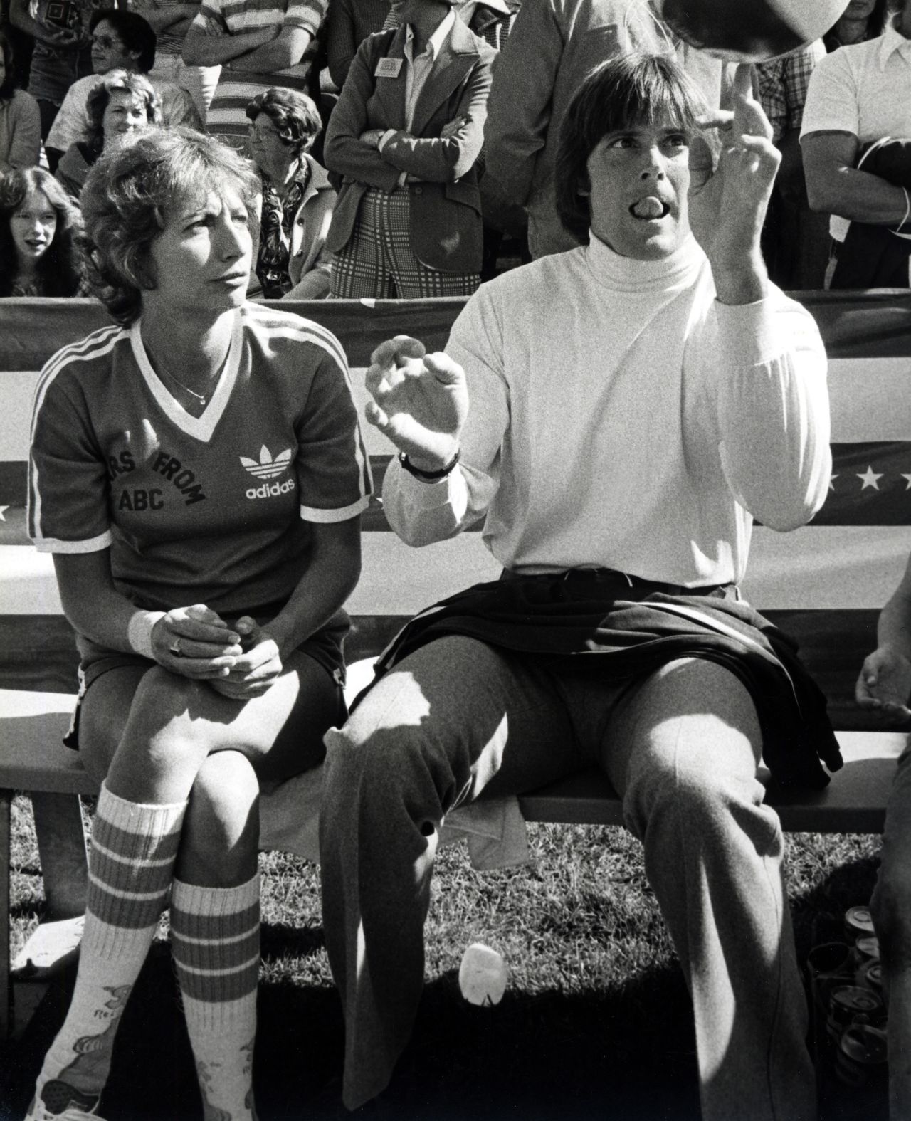Penny Marshall and Jenner take part in a taping of the "Battle of the Network Stars" TV show on February 5, 1977.