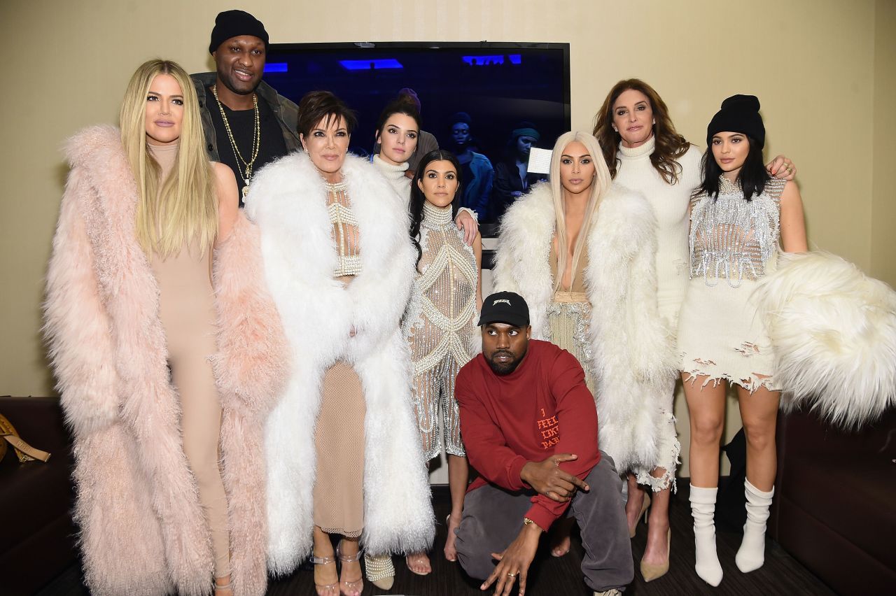 Left to right: Khloe Kardashian, Lamar Odom, Kris Jenner, Kendall Jenner, Kourtney Kardashian, Kanye West, Kim Kardashian, Jenner and Kylie Jenner attend West's Yeezy Season 3 fashion show in February 2016 in New York.